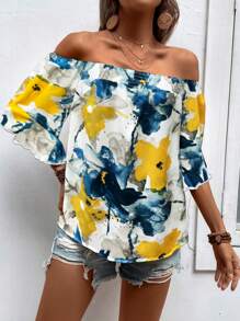 SHEIN Holidaya Áo nữ ống rộng dáng rộng mùa xuân/hè có in hoa, thiết kế lệch vai và tay áo loe - Màu vàng - Xem 3