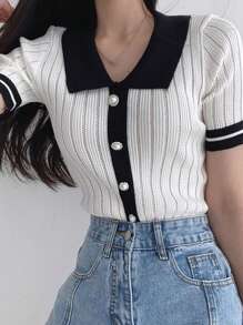 DAZY Áo thun dệt kim cổ polo tay ngắn màu tương phản cho nữ, thường ngày công sở, thu hè - trắng - Xem 2