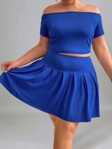 Flirla 大碼純色露肩短上衣搭配相配裙子套裝 - 藍色 - 查看 3