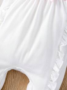 SHEIN 2件套新生女婴荷叶边花卉刺绣长袖连体衣和帽子，适合春、夏、秋季穿着。 - 白色 - 查看 5