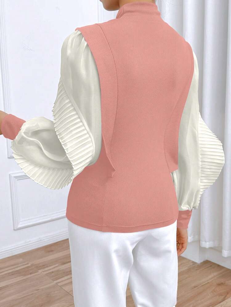 Women Spring Summer Stand Collar Colorblock Lantern Sleeve Splicing Ruffle Edge Elegant Top