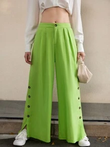 GENKIRA Women Y2K Plain Color Simple Daily Button Wide Leg Pants Fall Cloth For Women - Green - View 5