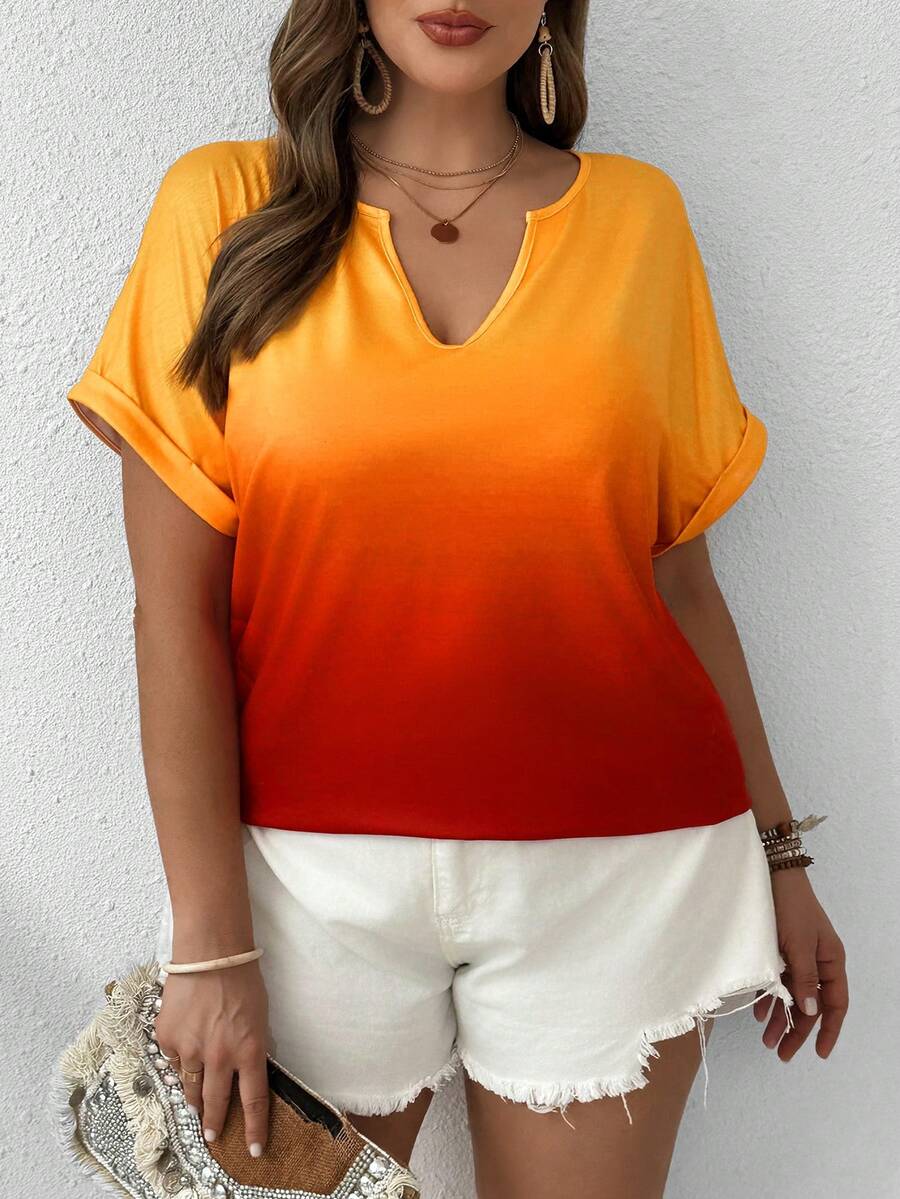 SHEIN LUNE Plus Size Gradient Color Batwing Sleeve Casual T-Shirt With V-Neckline - Multicolor - View 1