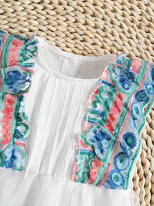 Baby Girl Elegant Floral Embroidery Mesh Cap Sleeves Dress For Summer - White - View 3