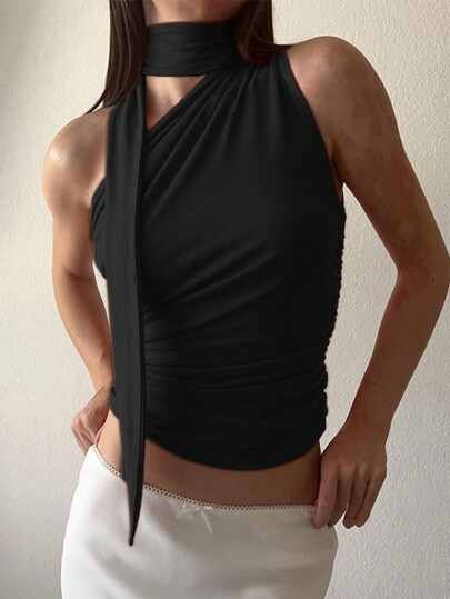 INAWLY Top de tanque corto y recortado con diseño fruncido para mujeres