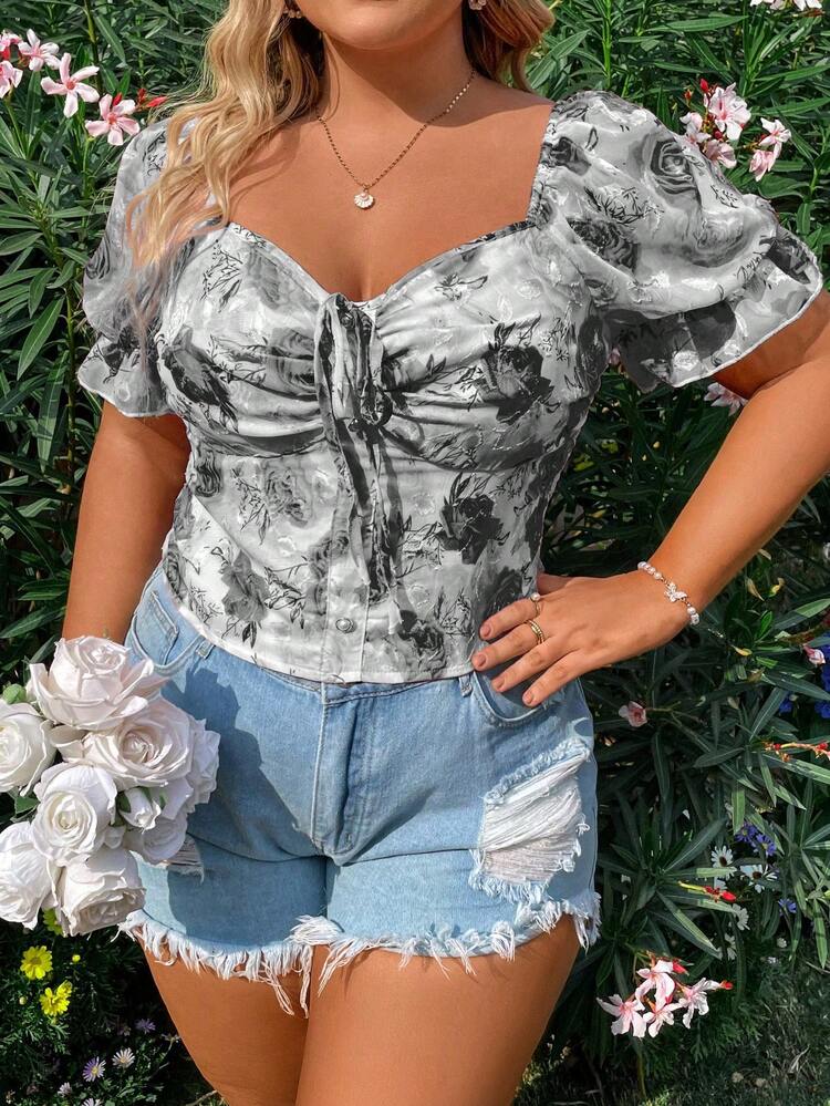 Plus Size Bubble Sleeve Sweetheart Neck Short Sleeve Shirt With Cutout Design For Summer