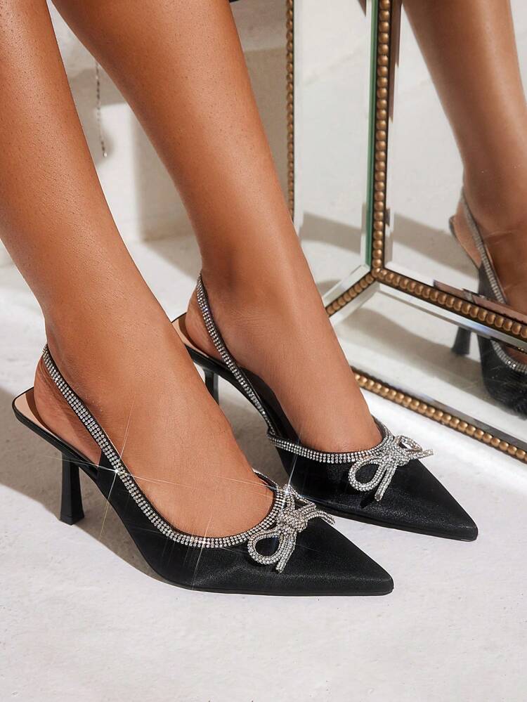 CUCCOO CHICEST Women's Fashionable Black Suede Stiletto Heels With Rhinestone & Bow Knot Detailing Ankle Strap Vacation Shoes Summer Spring Shoes Spring Break Easter Prom Heels