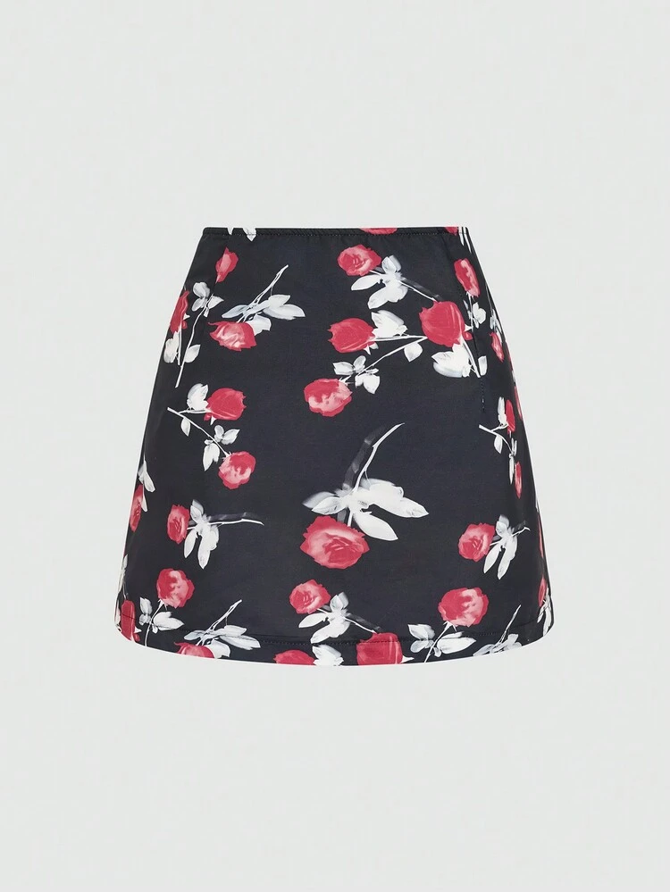 Summer Floral Print Element Button Decoration Skirt