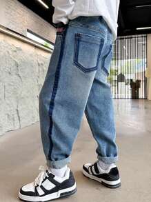 Tween Boys' Jeans With Letter Patch Decoration