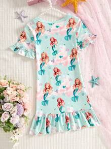 Pijama de noche con estampado de sirena verde lindo para niñas jóvenes, para uso en casa - Verde - Ver 2