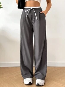 SHEIN EZwear 女性時尚休閒寬腿褲，帶綁帶腰設計 - 灰色 - 查看 4