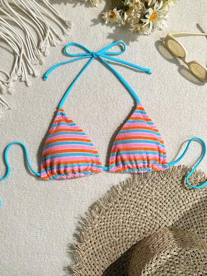 Swim Mod Women Summer Beach Halter Strap Colorful Striped Bikini Top