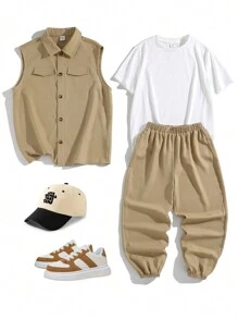 3 buc/Set Tween Boy Tricou lejer casual, Vestă țesătă de culoare solidă, Pantaloni lungi cu manșete
