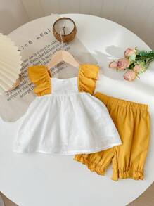 SHEIN Young Girl Weaving Color Contrasting Ruffle Trim Square Neck Loose Casual Shirt With Weaving Solid Color Shorts 2-Piece Set