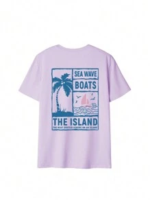 女士夏季字母棕榈树印花圆领短袖休闲 T 恤，百搭时尚，适合日常度假风格。图案 T 恤女士白色上衣黑色上衣粉色上衣 - 紫色 - 查看 3