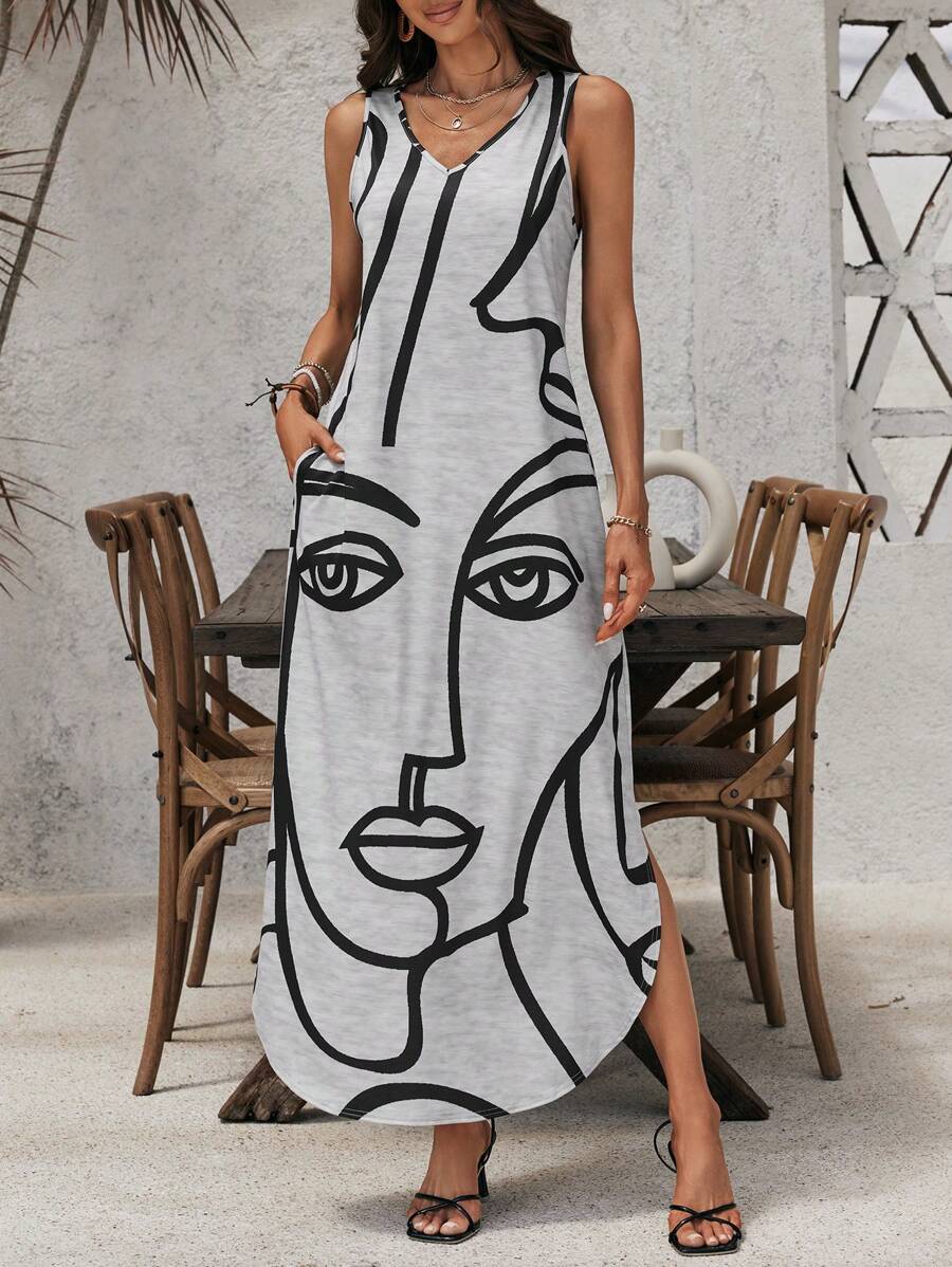 SHEIN LUNE Váy đi nghỉ thông thường không tay cổ chữ V viền bất đối xứng dành cho nữ mùa hè có đường xẻ bên hông, in mặt & đường kẻ và hai túi bên - Xám - Xem 1