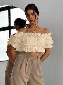 SHEIN Privé 女士蕾絲邊荷葉領泡泡袖上衣，蓬鬆設計，適合婚禮季節和約會 - 杏色 - 查看 3