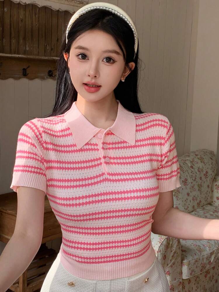 Women Striped Short Sleeve Slim Fit Knit Top Summer