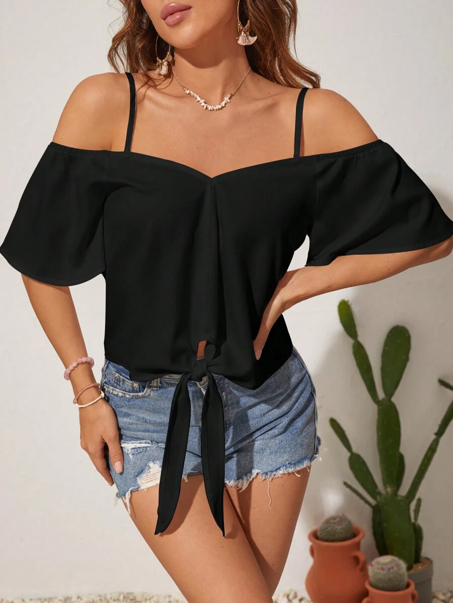 SHEIN VCAY Áo sơ mi nữ hở vai đi nghỉ có viền thắt nút - màu đen - Xem 1
