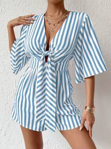 SHEIN Privé 女式夏季條紋前綁寬袖寬鬆休閒連身褲 - 彩色 - 查看 5