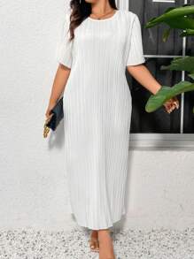 SHEIN Privé 女士加大尺碼白色圓領寬鬆優雅休閒褶邊A字裙 - 白色 - 查看 1
