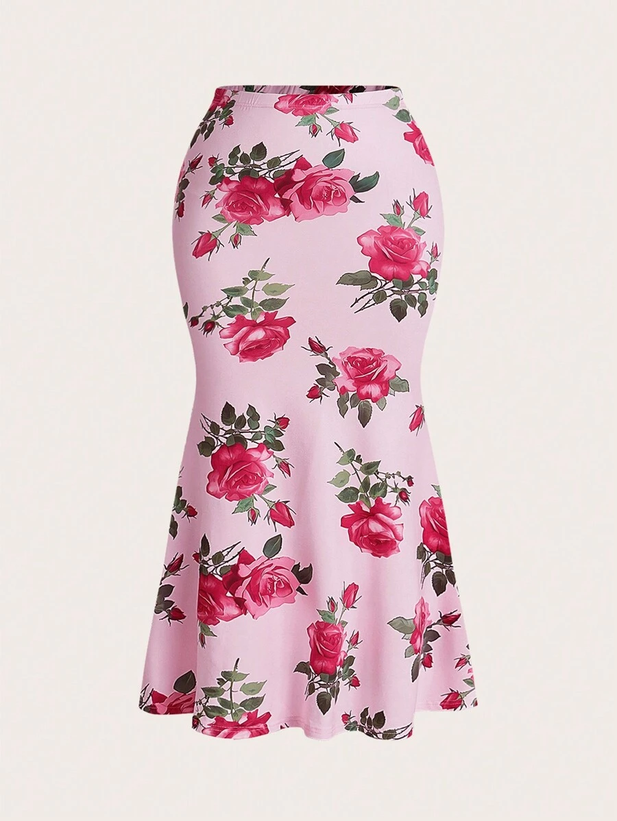 SHEIN Privé Plus Size Elegant Holiday Rose Pink Floral Print Mermaid ...