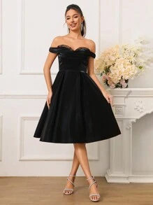 SHEIN Belle 女性優雅露肩蕾絲接插褶邊A字派對連衣裙，半正式連衣裙 - 黑色 - 查看 2