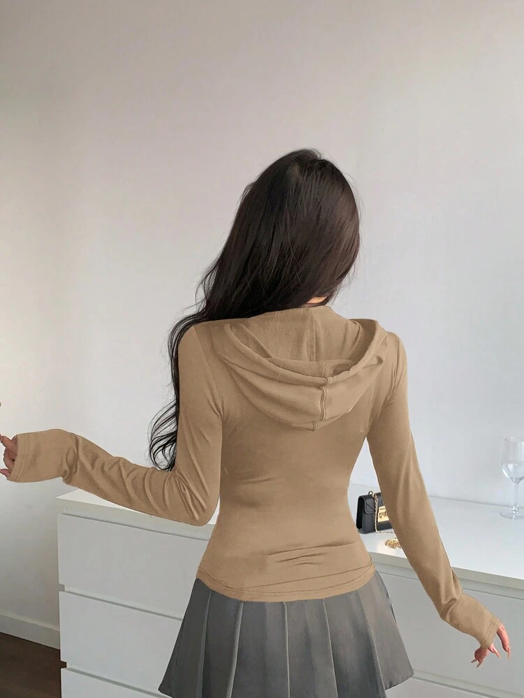 Crop Hooded Women Sweatshirt With Elastic Waist, Drawstring, Zipper Opening, And Pockets Jacket
