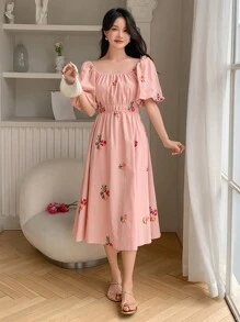 DAZY Đầm suông mùa hè cổ vuông tay bồng họa tiết hoa, đầm suông cho nữ thường ngày, trang phục giáo viên - Bụi hồng - Xem 1