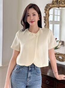 DAZY Women's Casual Solid Color Short Sleeve Jacket School - Beige - View 4