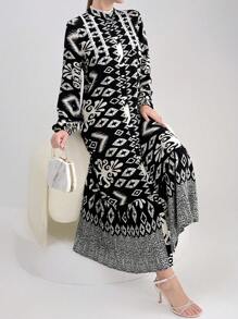 Mulvari Women Geometric Print Stand Collar Long Lantern Sleeve Arabian Modest Dress