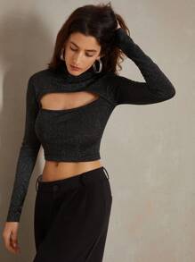 Anewsta Tee-shirt manche longue sexy, conception minimaliste ajourée, tendance,ajusté, sexy pour jeunes femmes - Noir - Voir 1
