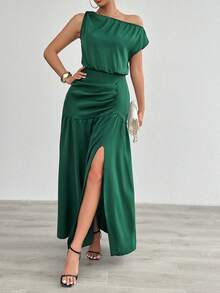 SHEIN Clasi 女士純色百褶高分裂連衣裙 - 綠色 - 查看 3