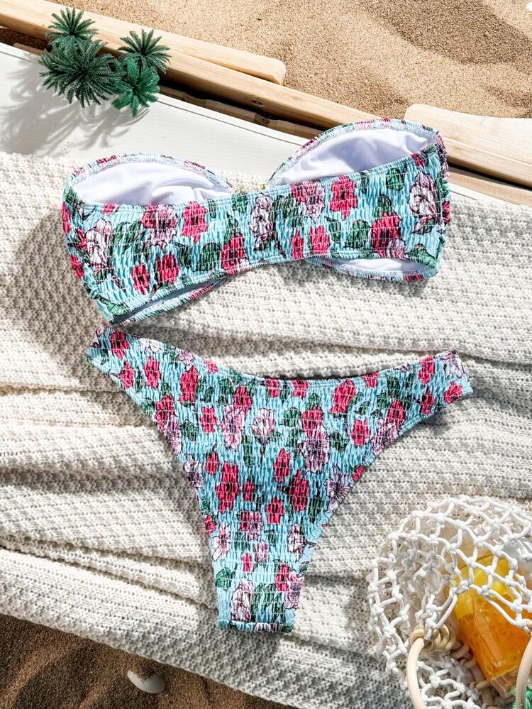 Women Strapless Two-Piece Bikini Set, Random Print, Wireless,Summer Beach