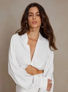 Anewsta Elegant White Satin Cropped Sexy Urban Women Shirt