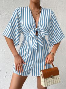 SHEIN Privé 女式夏季條紋前綁寬袖寬鬆休閒連身褲 - 彩色 - 查看 3