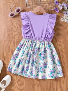 SHEIN Vestido casual de verano con volantes decorativos, estampado floral y botones, para jóvenes - Morado - Ver 2