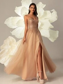 VIPGIRL Women Elegant Contrast Sequin Mesh Slit Cami Party Prom Dress Formal Evening Wedding Guest Gown, For Graduation, Dinner - Brown - View 8