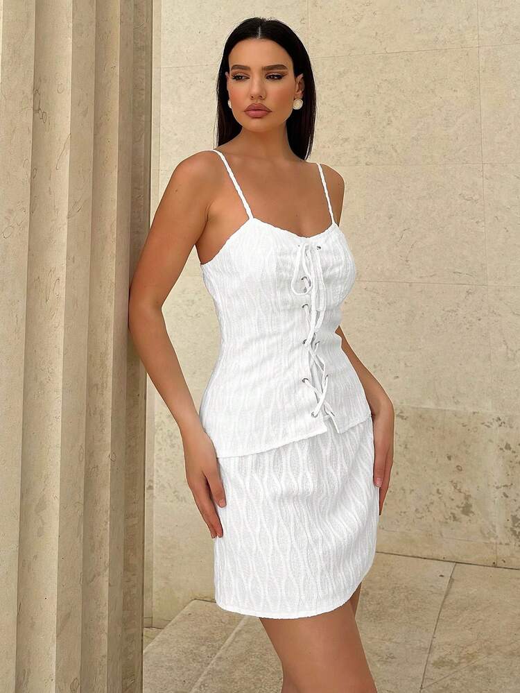 Women Summer Casual Spaghetti Strap Dress With Eyelet Tie