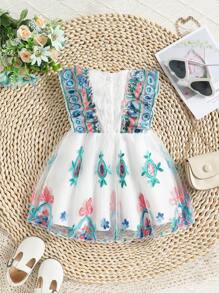 Baby Girl Elegant Floral Embroidery Mesh Cap Sleeves Dress For Summer - White - View 2