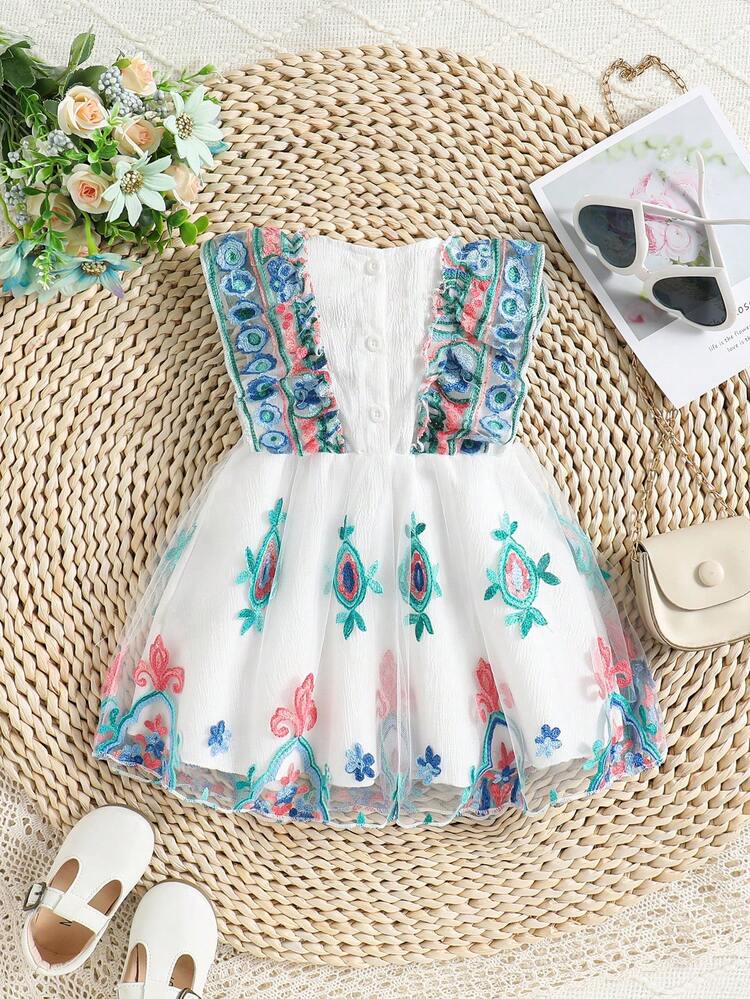 Baby Girl Elegant Floral Embroidery Mesh Cap Sleeves Dress For Summer