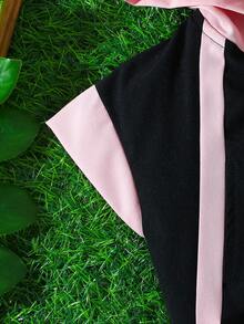 SHEIN 2 件/套女嬰純色拉鍊口袋連帽上衣和時尚拼色短褲,舒適柔軟,品質優良,適合春夏秋季 - 粉色 - 查看 4