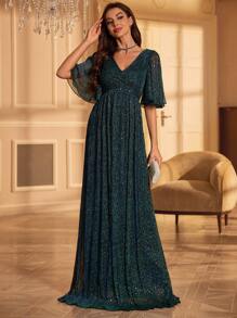 Rochie formala cu maneca scurta cu decolteu in V - Verde inchis - Vizualizare 4