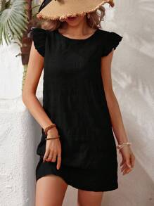 SHEIN VCAY Robe rouge courte solide à manches bouffantes et texture à bulles - Noir - Voir 2