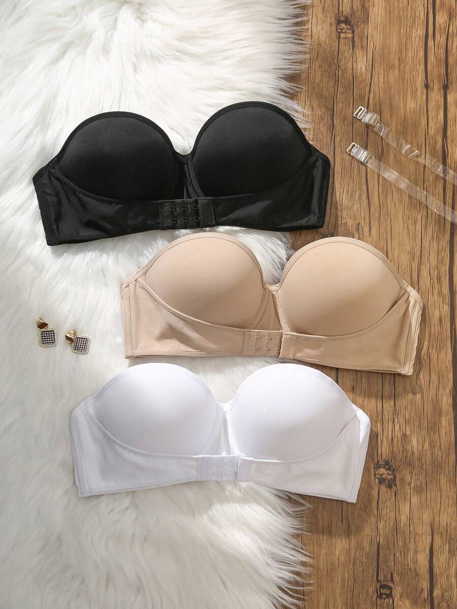 SHEIN 3pcs Ladies' Underwire Detail Buckle Front Closure Bra Strapless Bra - Multicolor - View 1
