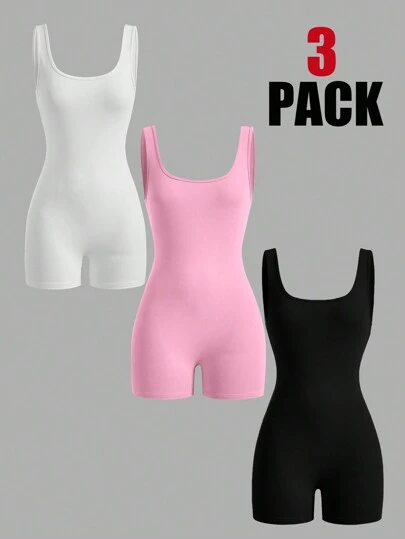 SHEIN EZwear 女士3件套純色方領單件褲，背心設計，適用於休閒穿著