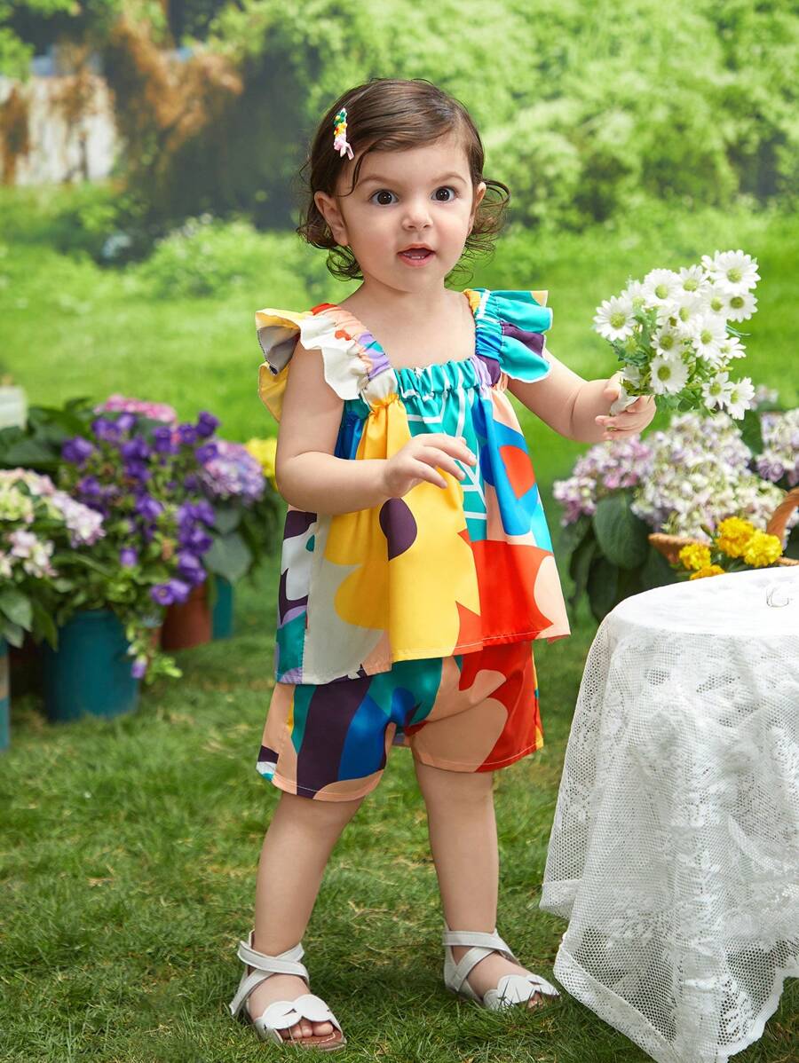 SHEIN Baby Girl Floral Print Ruffle Trim Cami Top & Shorts - Multicolor - View 1