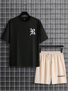 Manfinity Homme Men Plus Size Letter Print T-Shirt And Shorts Set For Summer Daily Wear - Multicolor - View 3