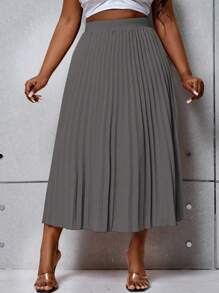 SHEIN Unity Plus Size Solid Color Elastic Waist Pleated Midi Skirt - Grey - View 4