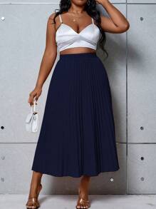 SHEIN Unity 大尺碼純色休閒日常褶皺裙 - 藏蓝色 - 查看 7